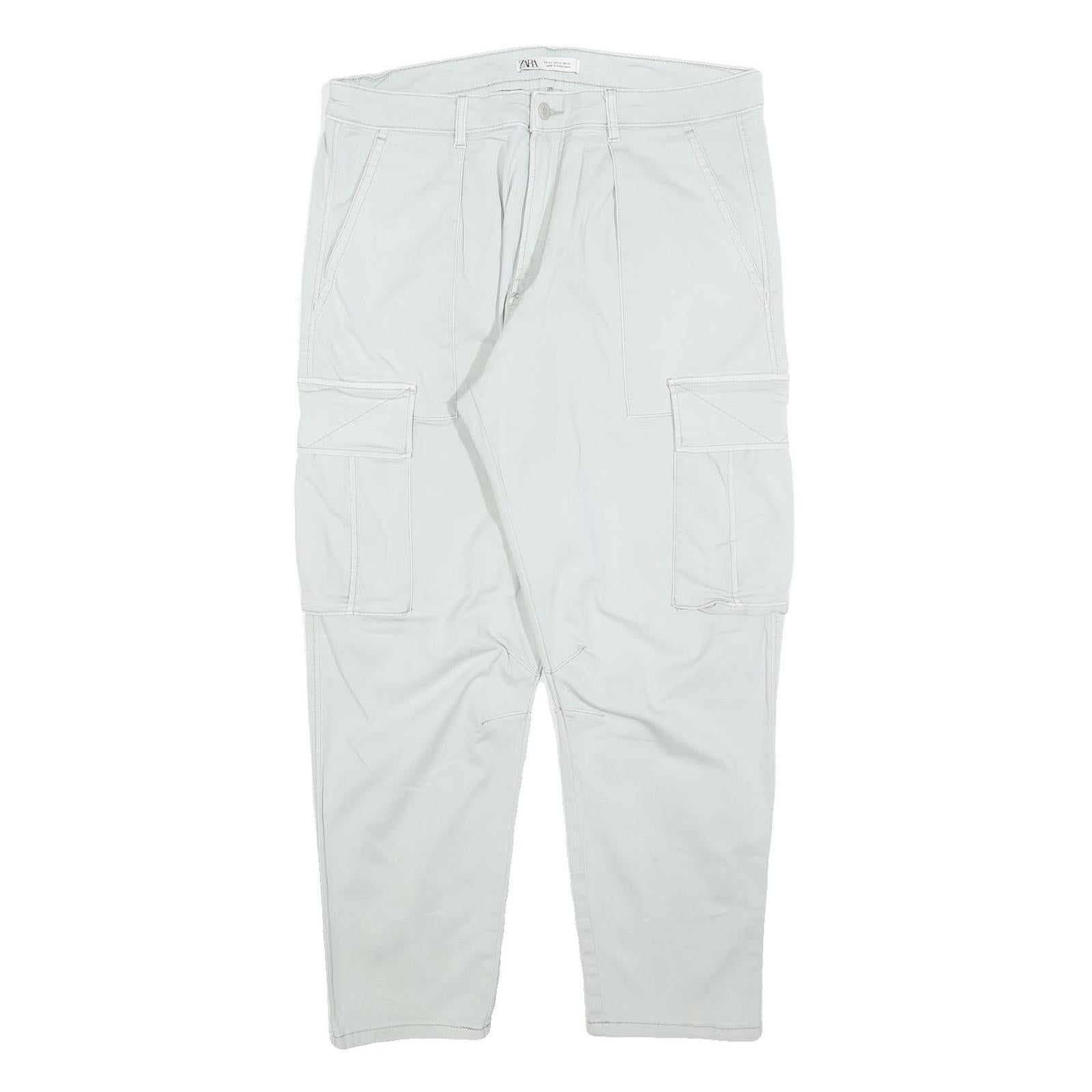 ZARA Womens Cotton Blend White Regular Cargo Trousers W34 L26 Casual Zip