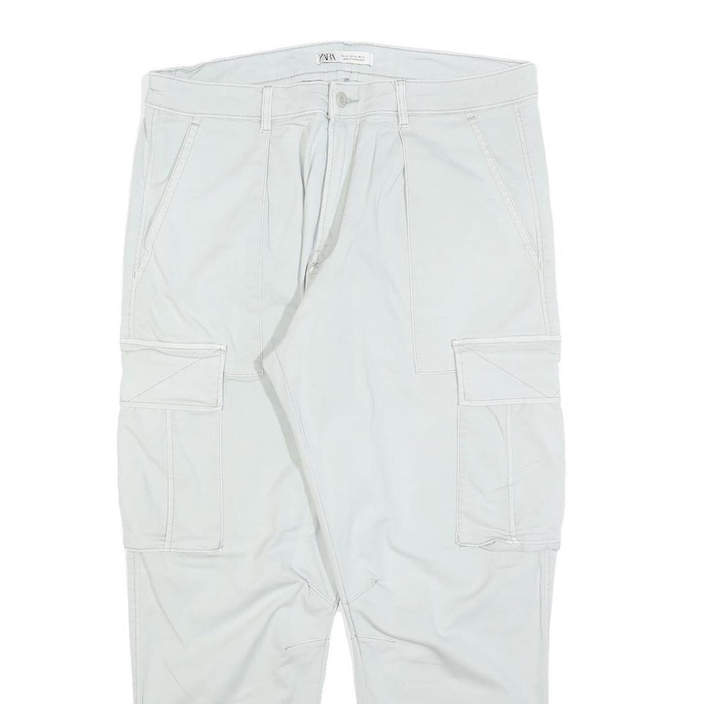 ZARA Womens Cotton Blend White Regular Cargo Trousers W34 L26 Casual Zip