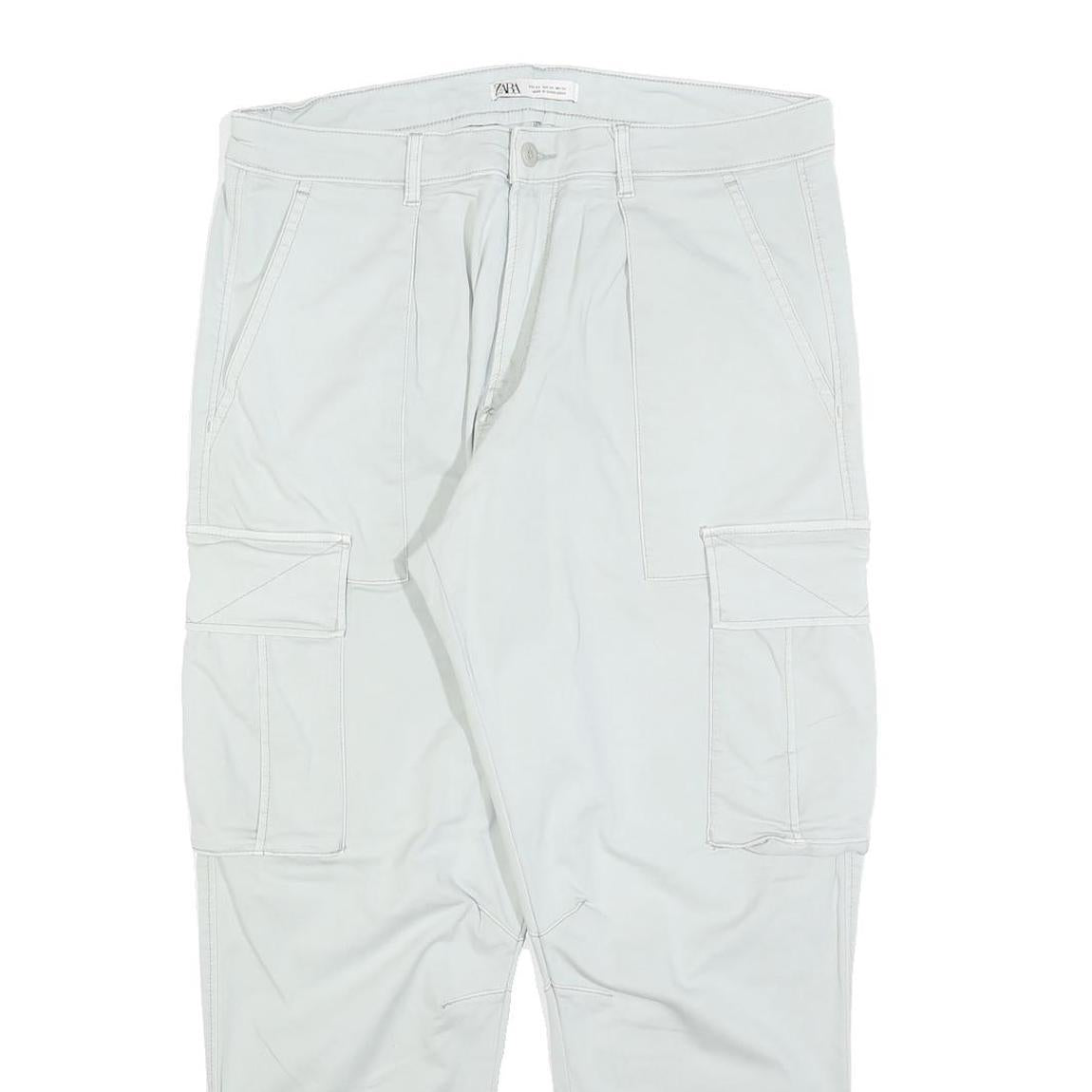 ZARA Womens Cotton Blend White Regular Cargo Trousers W34 L26 Casual Zip