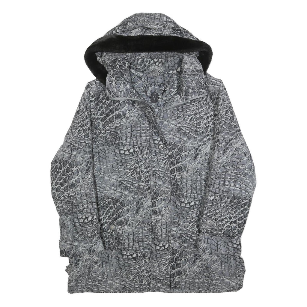 BIAGGINI Womens Grey Crocodile Print Hooded Zip Jacket L Polyester Blend Casual