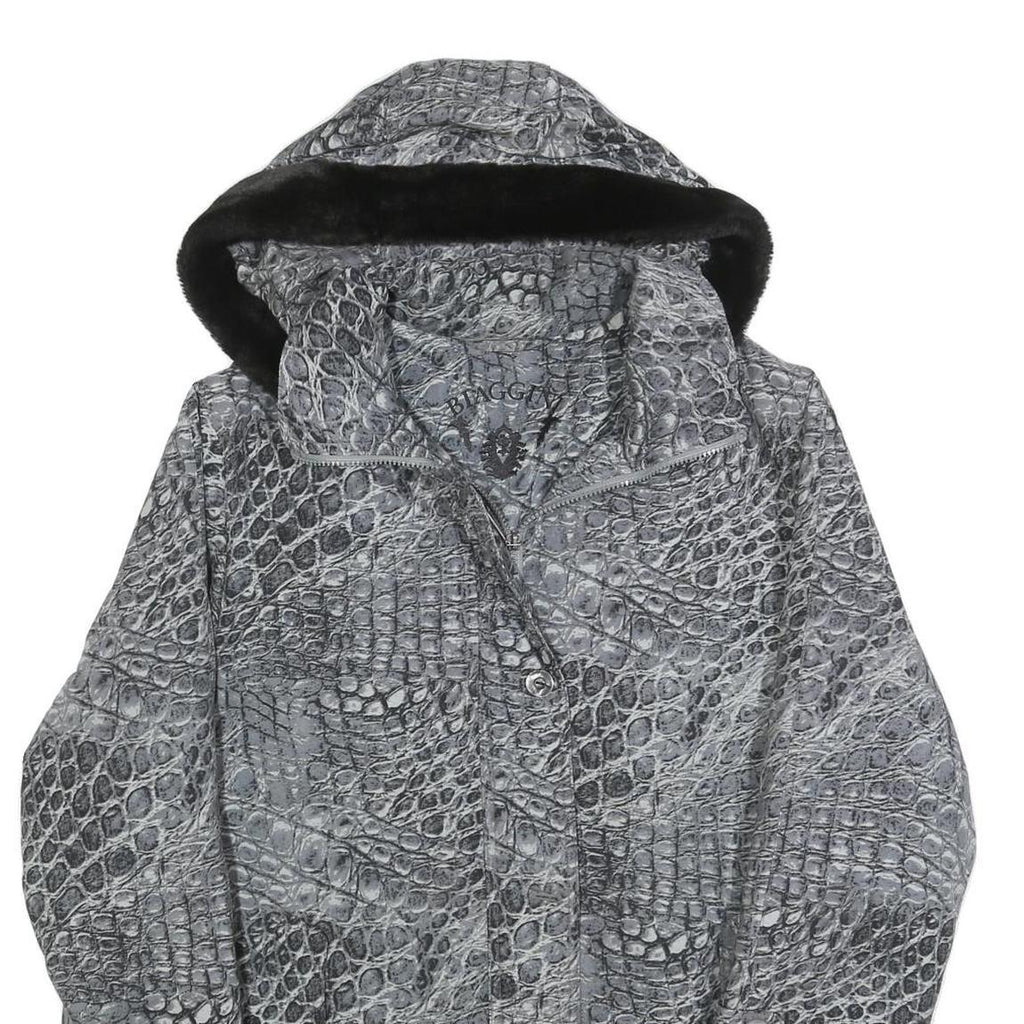 BIAGGINI Womens Grey Crocodile Print Hooded Zip Jacket L Polyester Blend Casual