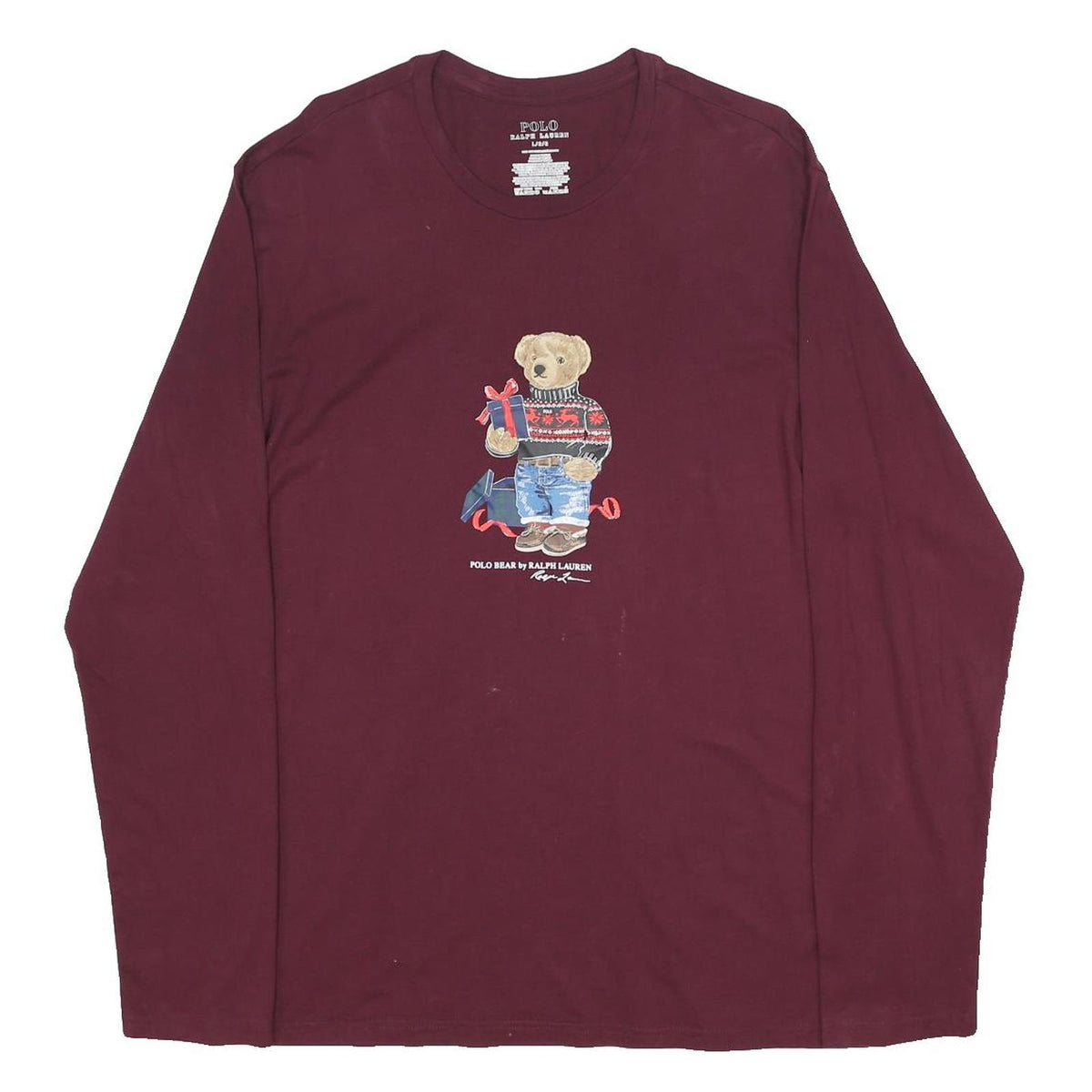 POLO RALPH LAUREN Mens Maroon Bear Graphic Long Sleeve Crew Neck L Cotton