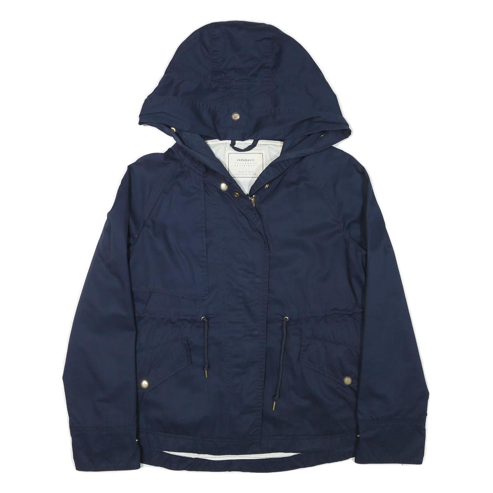 ZARA BASIC Womens Navy Blue Jacket S Cotton Blend Zip Hooded Casual Outerwear