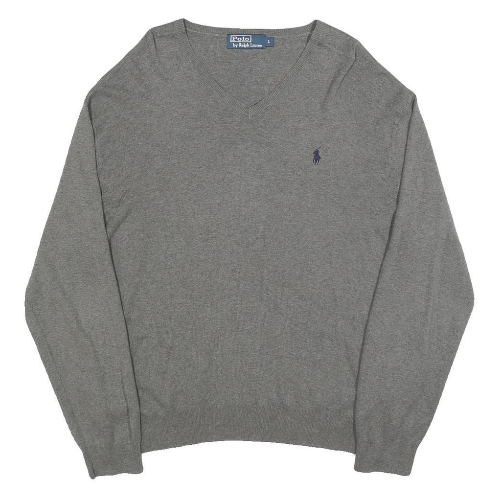 POLO RALPH LAUREN Mens Grey Plain V-Neck Basic Knit Jumper L Cotton Casual