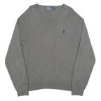 POLO RALPH LAUREN Mens Grey Plain V-Neck Basic Knit Jumper L Cotton Casual