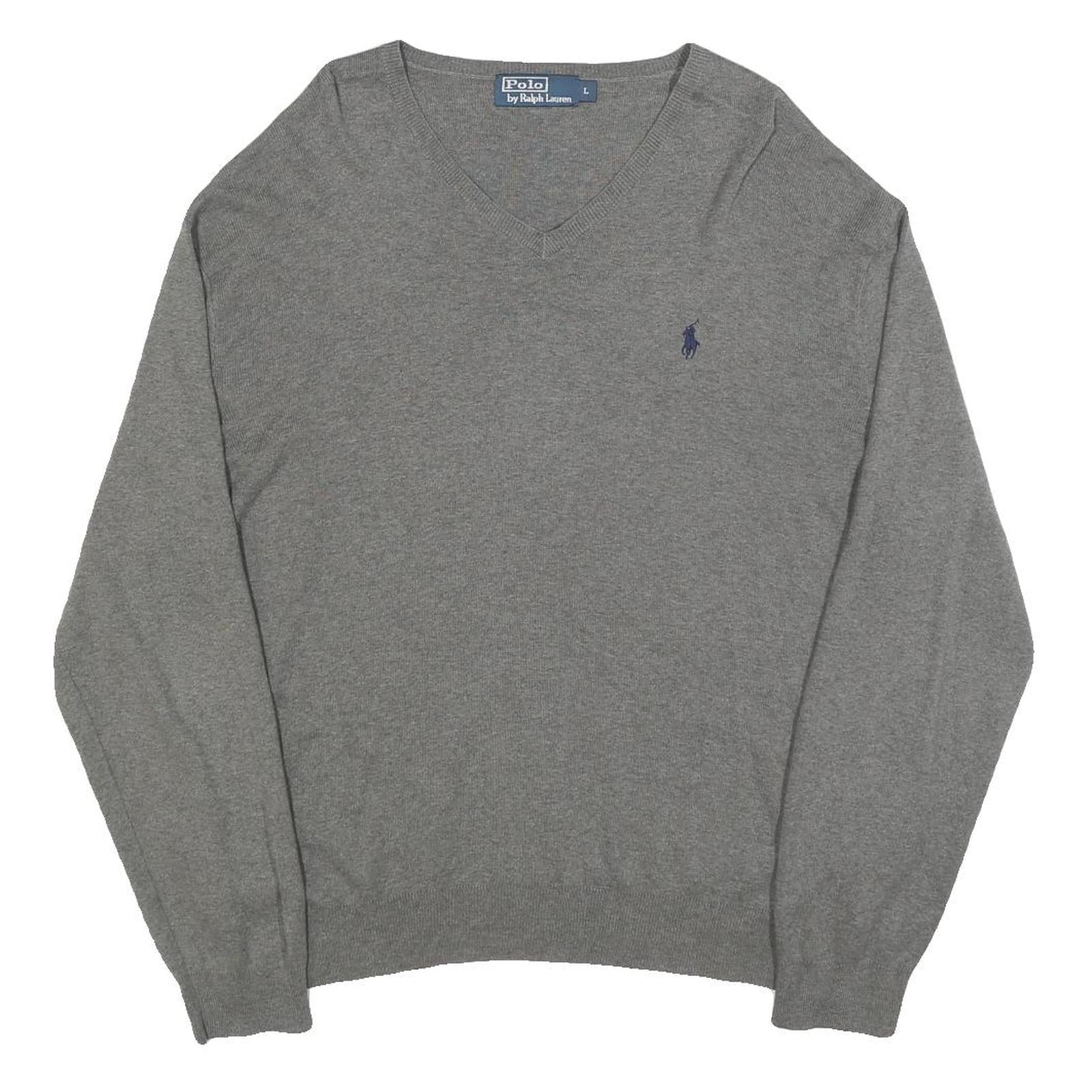 POLO RALPH LAUREN Mens Grey Plain V-Neck Basic Knit Jumper L Cotton Casual