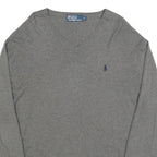 POLO RALPH LAUREN Mens Grey Plain V-Neck Basic Knit Jumper L Cotton Casual