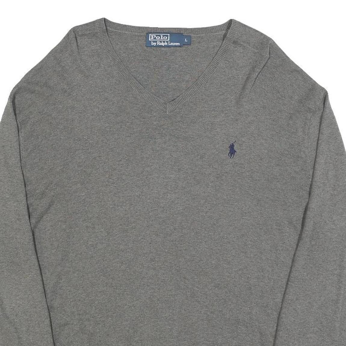 POLO RALPH LAUREN Mens Grey Plain V-Neck Basic Knit Jumper L Cotton Casual