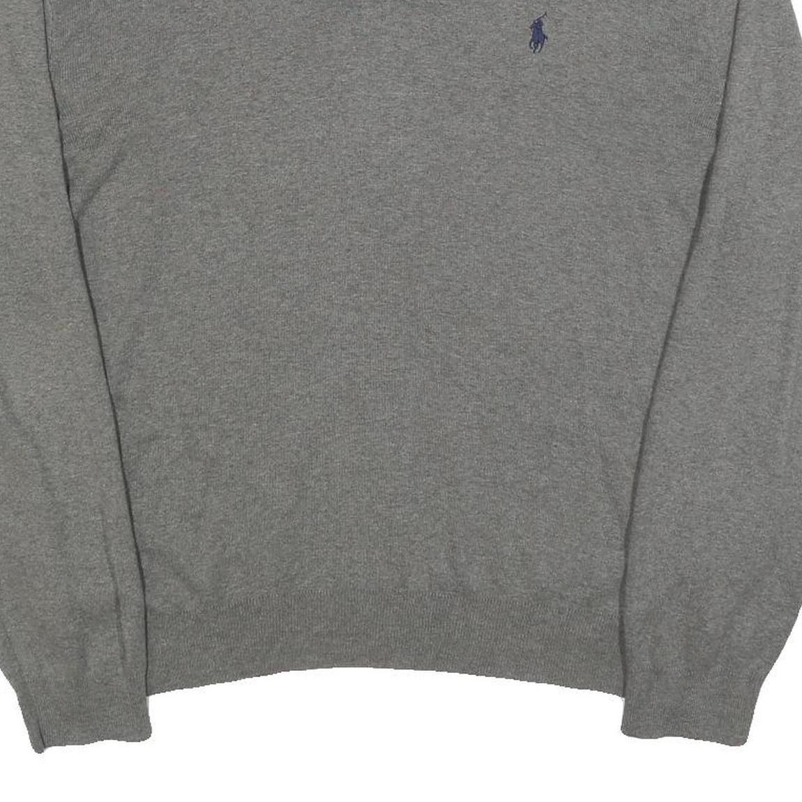 POLO RALPH LAUREN Mens Grey Plain V-Neck Basic Knit Jumper L Cotton Casual