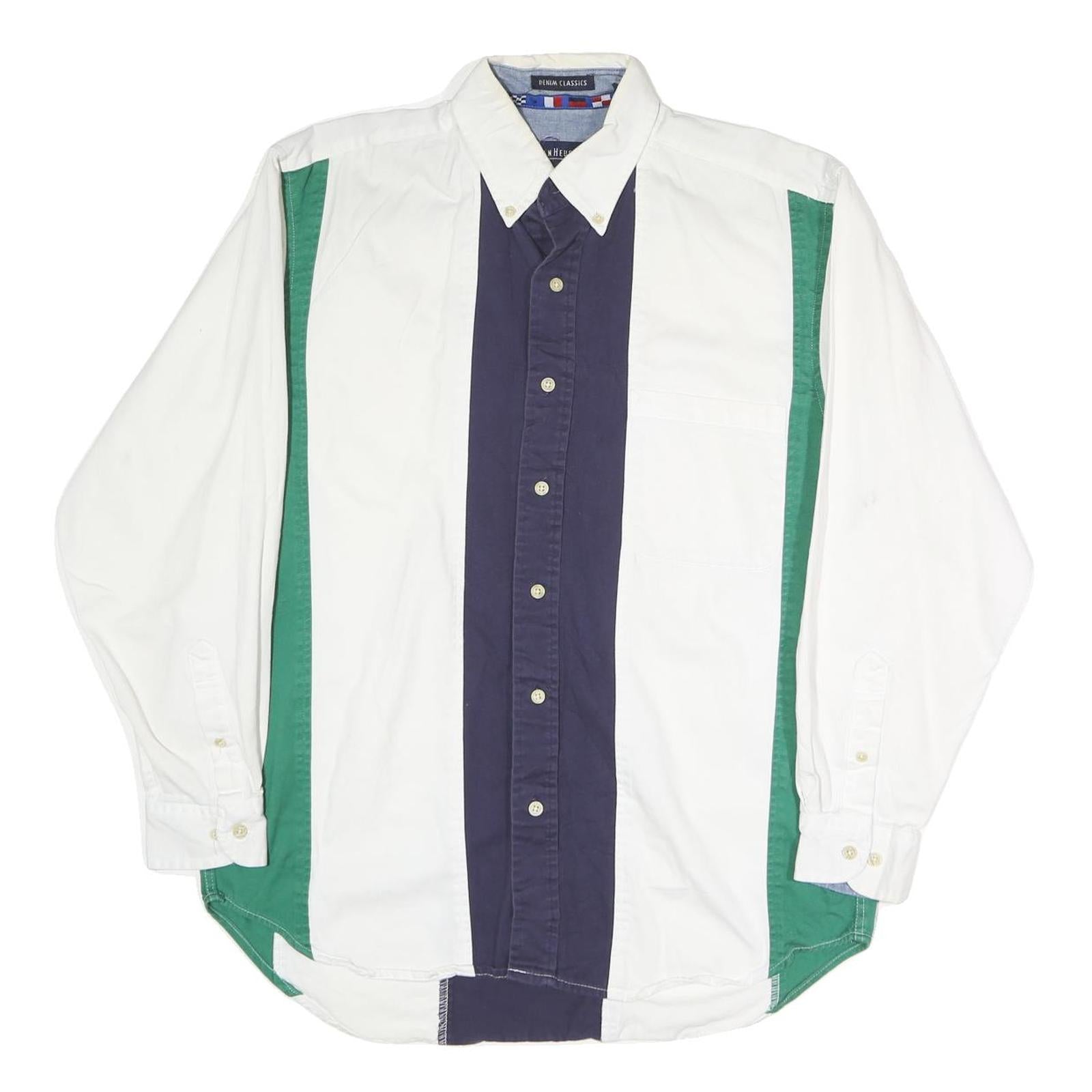 VAN HEUSEN Mens White & Green Colour Block Shirt S Button-Down Collar Cotton