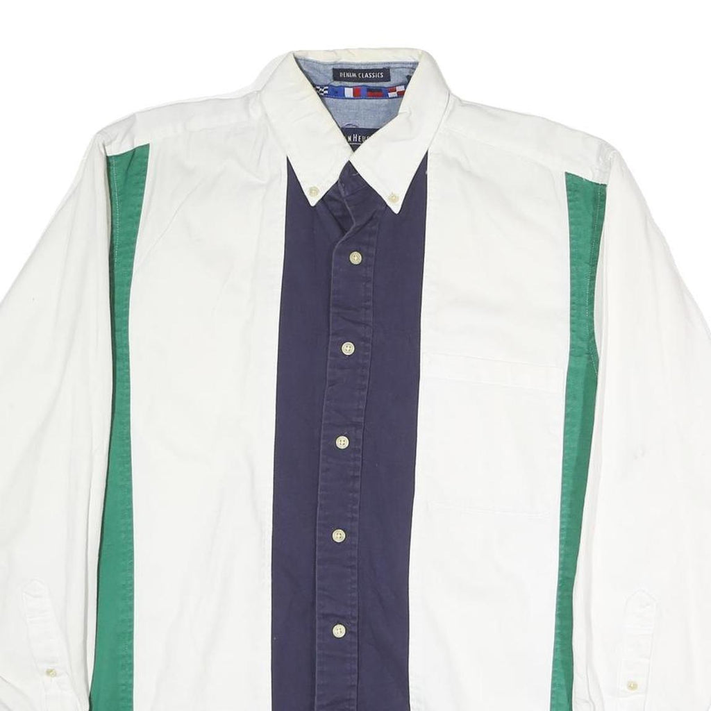 VAN HEUSEN Mens White & Green Colour Block Shirt S Button-Down Collar Cotton