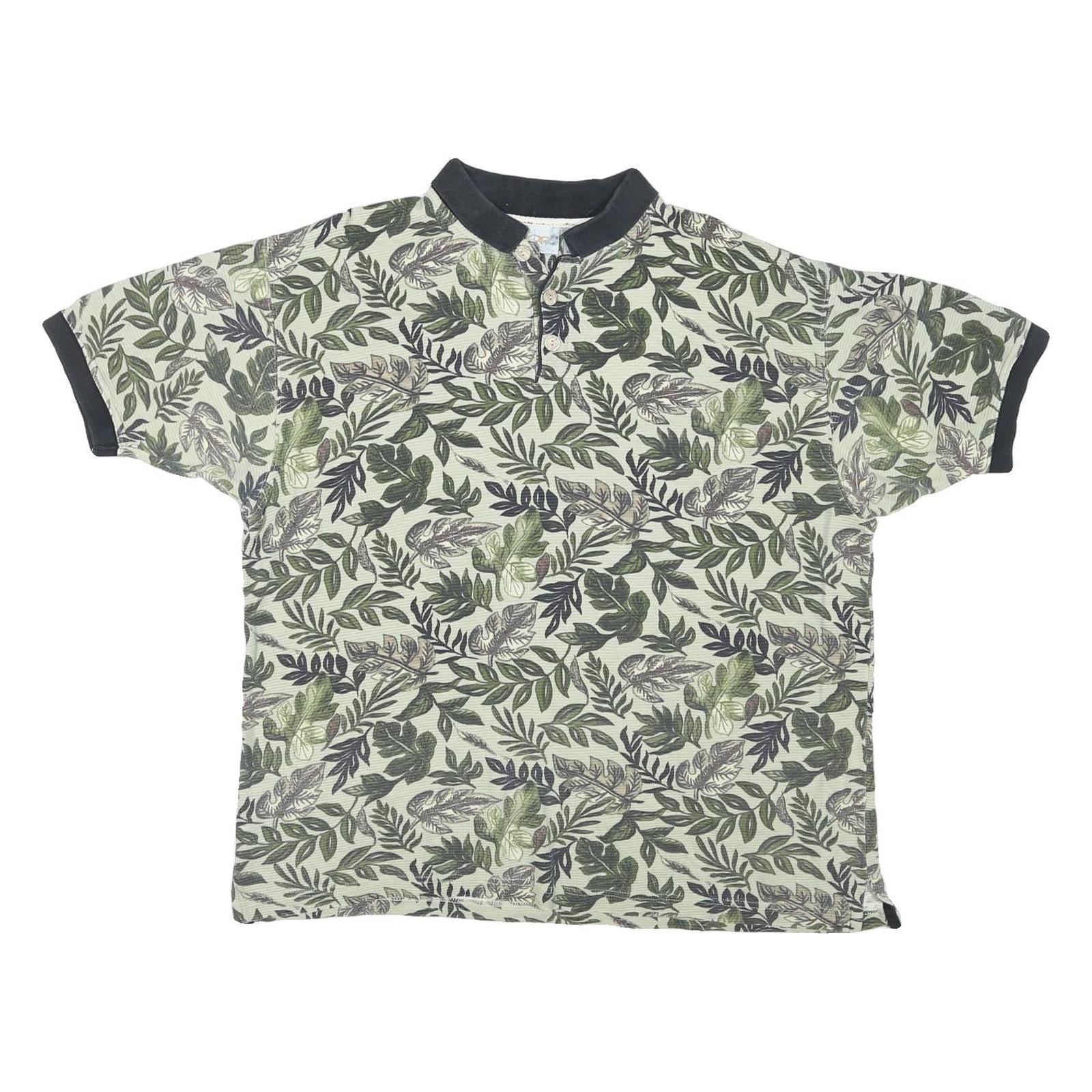 OP SPORT Mens Green Leaf Print Short Sleeve Polo Shirt L Cotton Blend Casual
