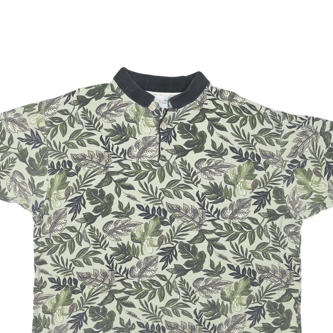 OP SPORT Mens Green Leaf Print Short Sleeve Polo Shirt L Cotton Blend Casual