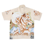 Mens Beige XL Polyester Blend Short Sleeve Shirt Fox Wolf Print Nature