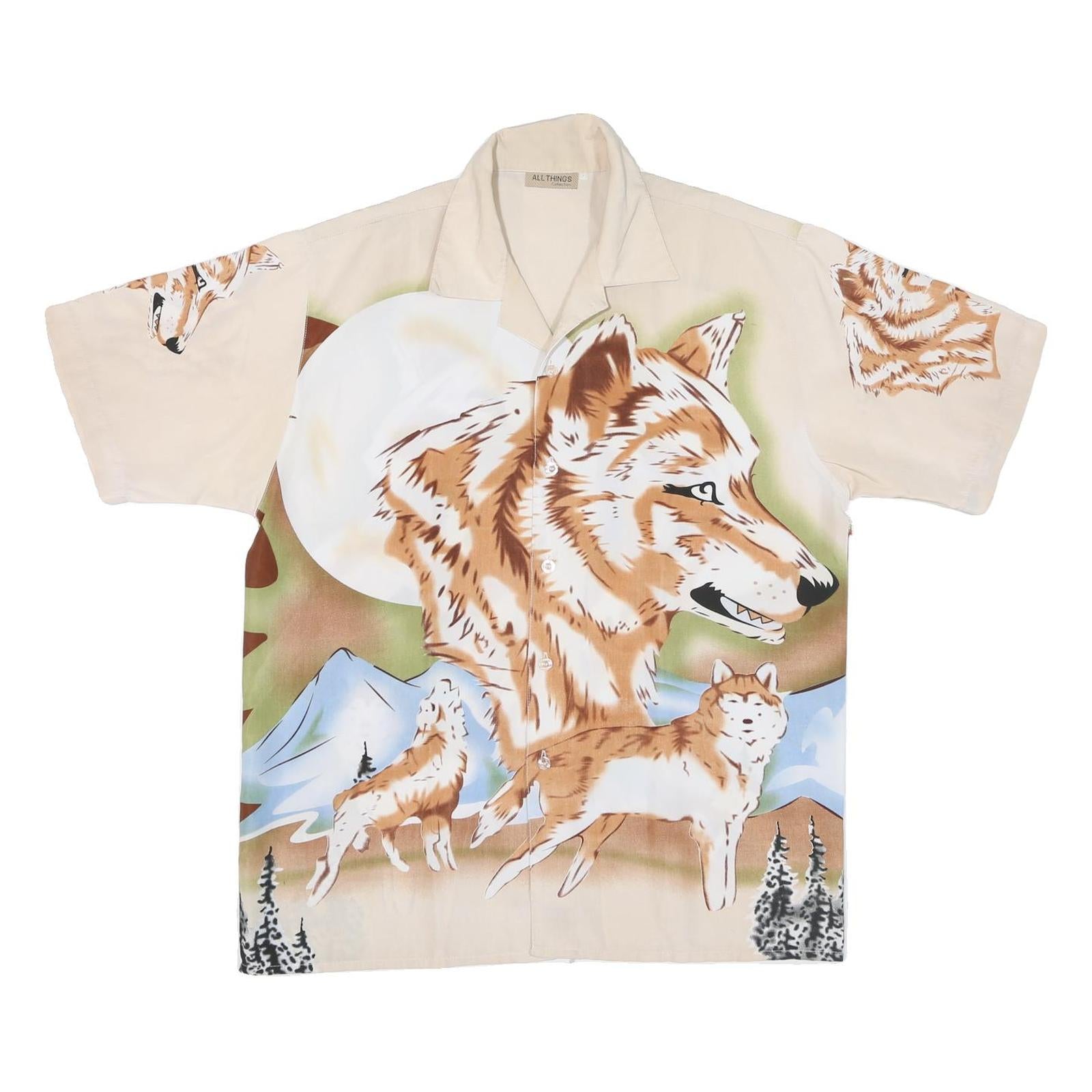 Mens Beige XL Polyester Blend Short Sleeve Shirt Fox Wolf Print Nature