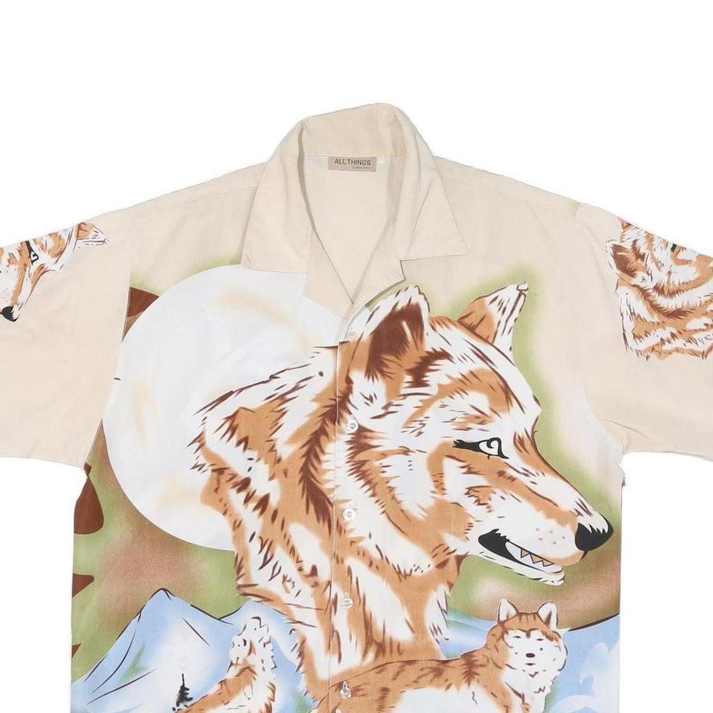 Mens Beige XL Polyester Blend Short Sleeve Shirt Fox Wolf Print Nature