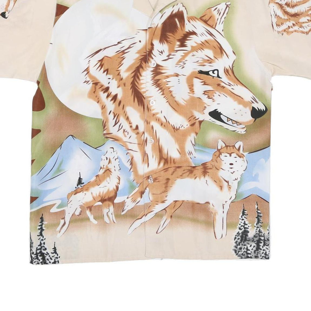 Mens Beige XL Polyester Blend Short Sleeve Shirt Fox Wolf Print Nature