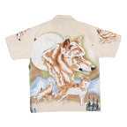 Mens Beige XL Polyester Blend Short Sleeve Shirt Fox Wolf Print Nature