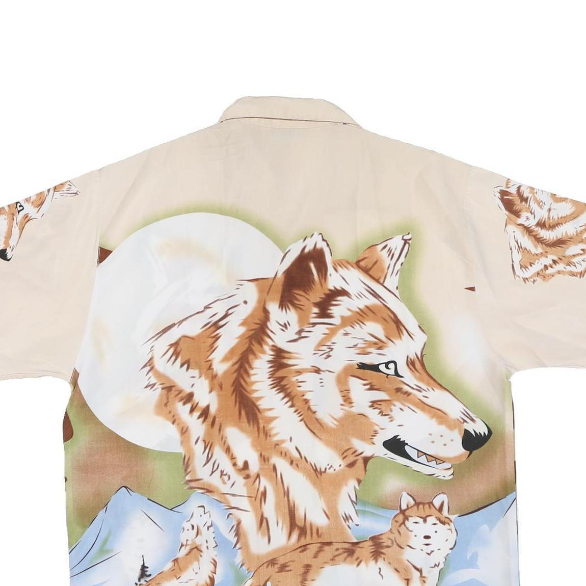 Mens Beige XL Polyester Blend Short Sleeve Shirt Fox Wolf Print Nature