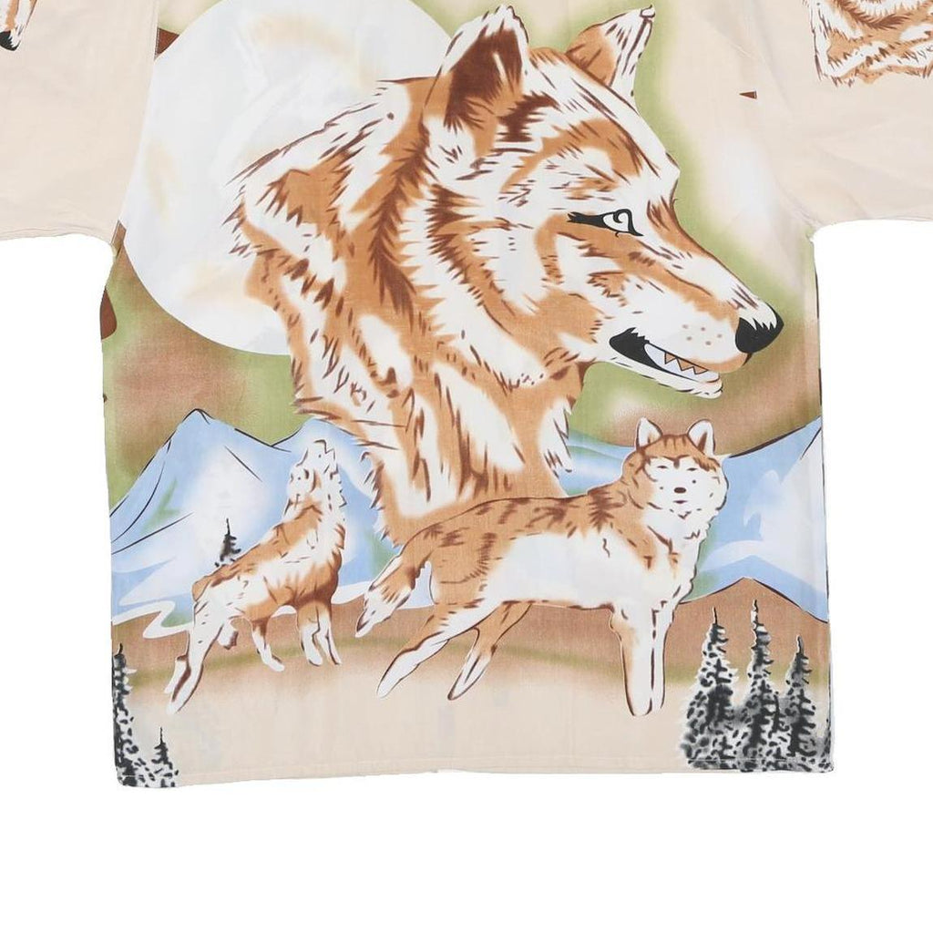 Mens Beige XL Polyester Blend Short Sleeve Shirt Fox Wolf Print Nature