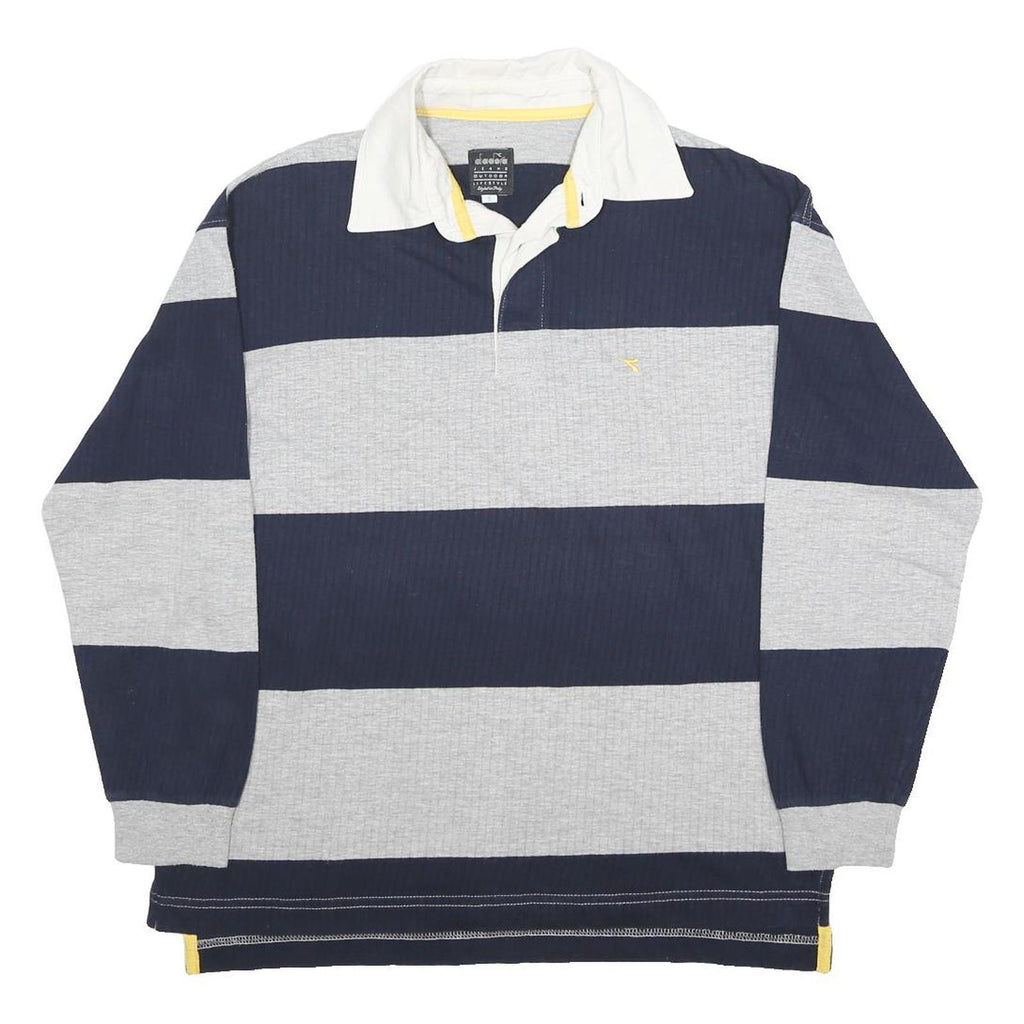 DIADORA Mens Blue & Grey Striped Long Sleeve Polo Shirt S Cotton Blend