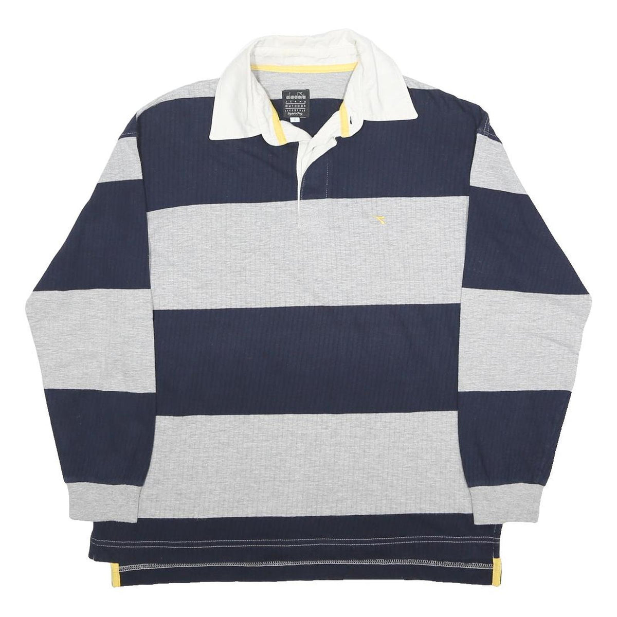 DIADORA Mens Blue & Grey Striped Long Sleeve Polo Shirt S Cotton Blend
