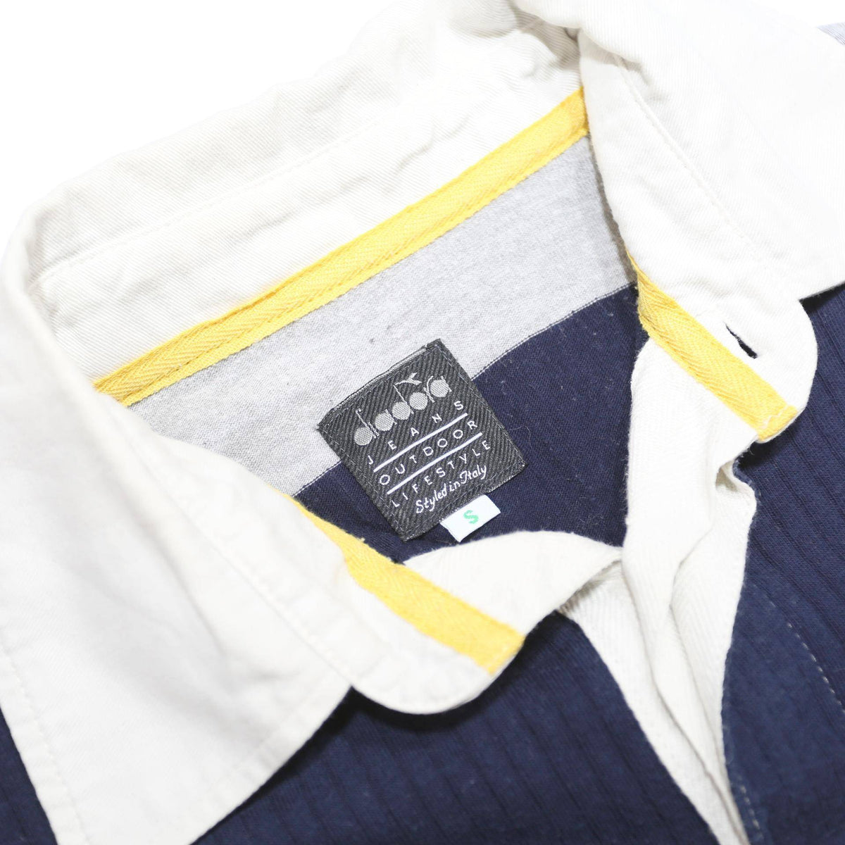 DIADORA Mens Blue & Grey Striped Long Sleeve Polo Shirt S Cotton Blend