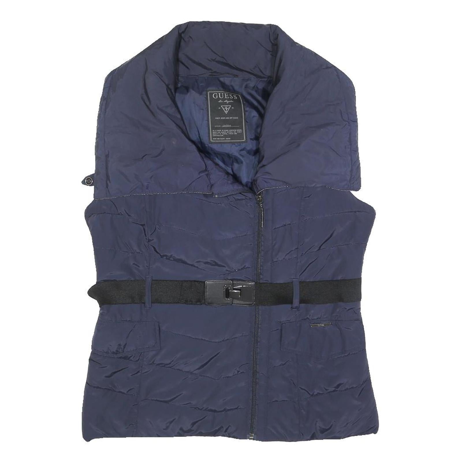 GUESS Womens Navy Blue Jacket M Polyester Quilted Belted Zip Casual Outerwear