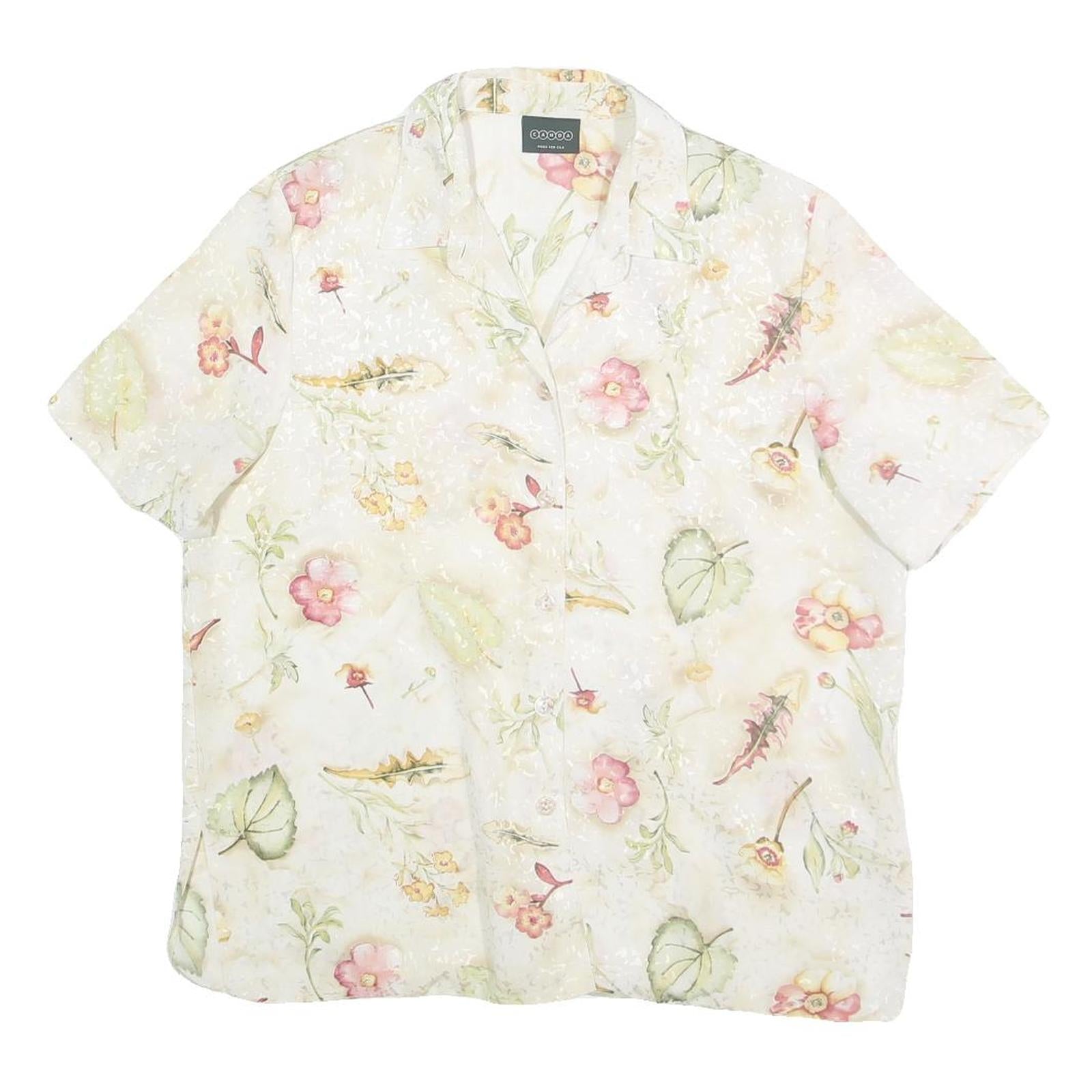 CANDA Womens Cream Floral Printed Shirt Short Sleeve Collared S Polyester Top