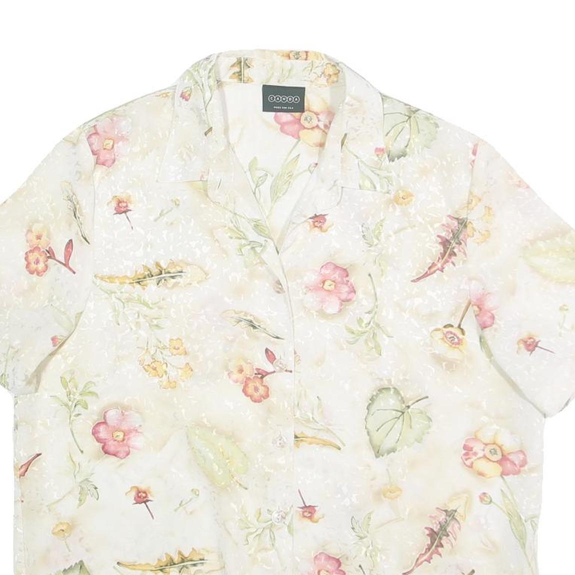 CANDA Womens Cream Floral Printed Shirt Short Sleeve Collared S Polyester Top