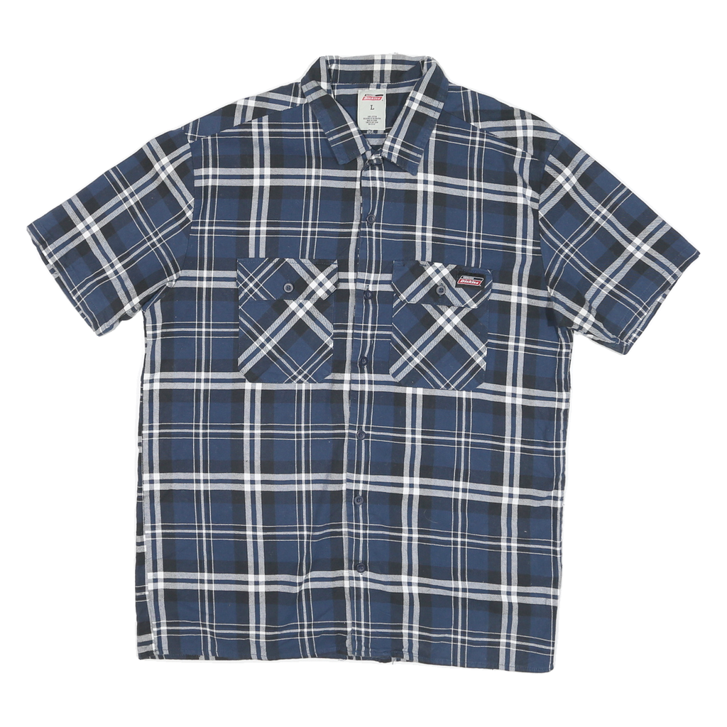 DICKIES Mens Blue & White Plaid Short Sleeve Shirt L Cotton Blend Casual