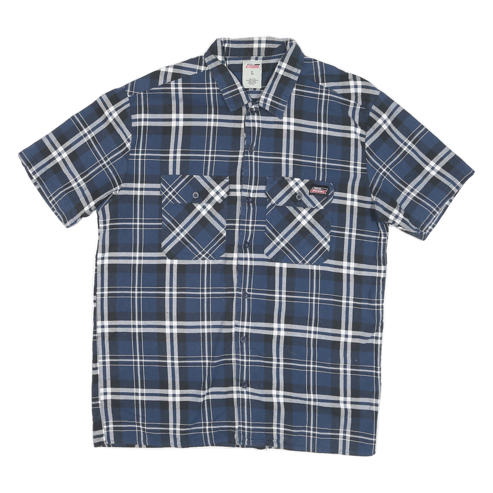 DICKIES Mens Blue & White Plaid Short Sleeve Shirt L Cotton Blend Casual