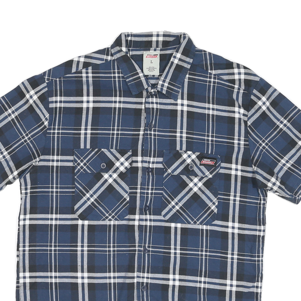 DICKIES Mens Blue & White Plaid Short Sleeve Shirt L Cotton Blend Casual