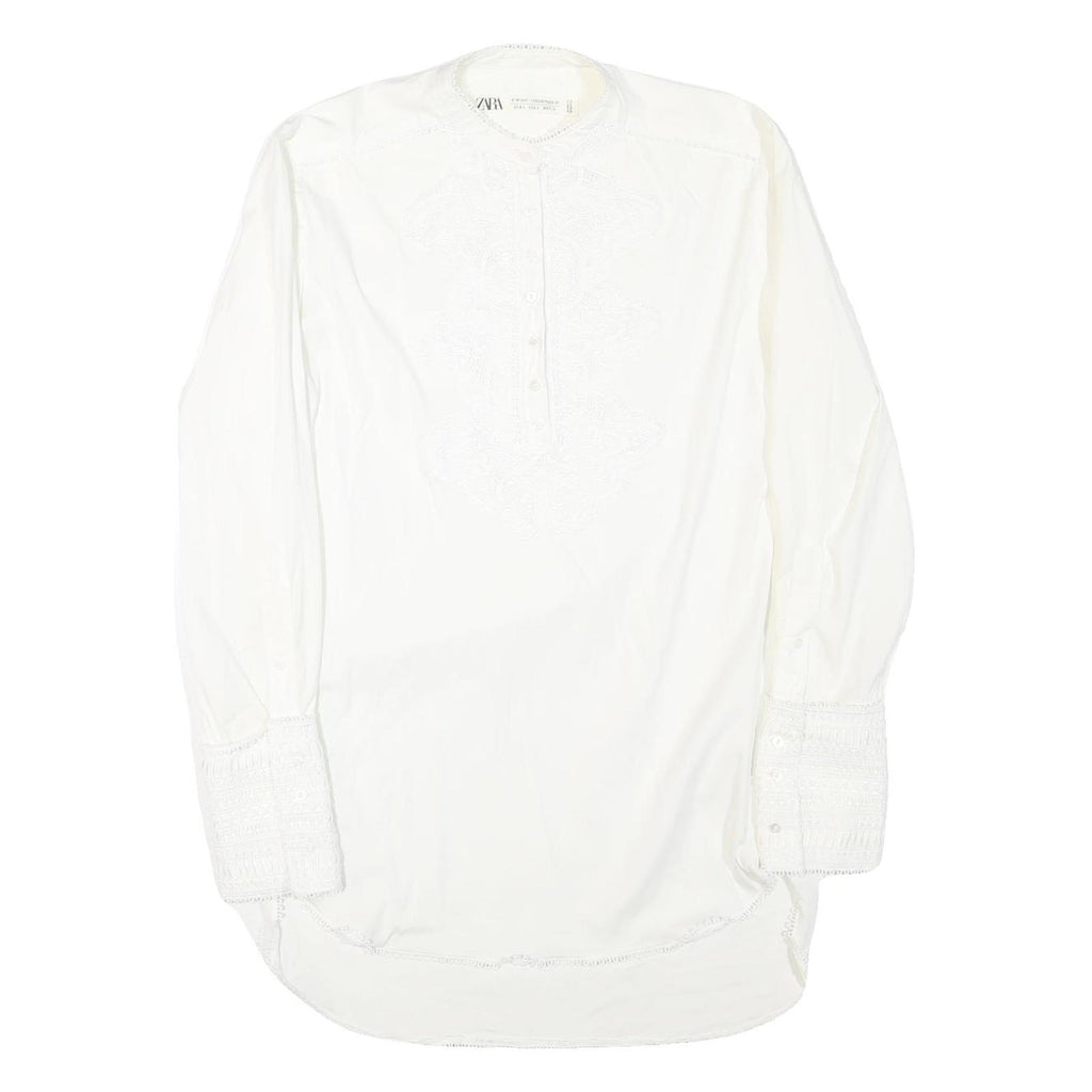 ZARA Womens White Basic Long Sleeve Round Neck Plain L Cotton Blend Top