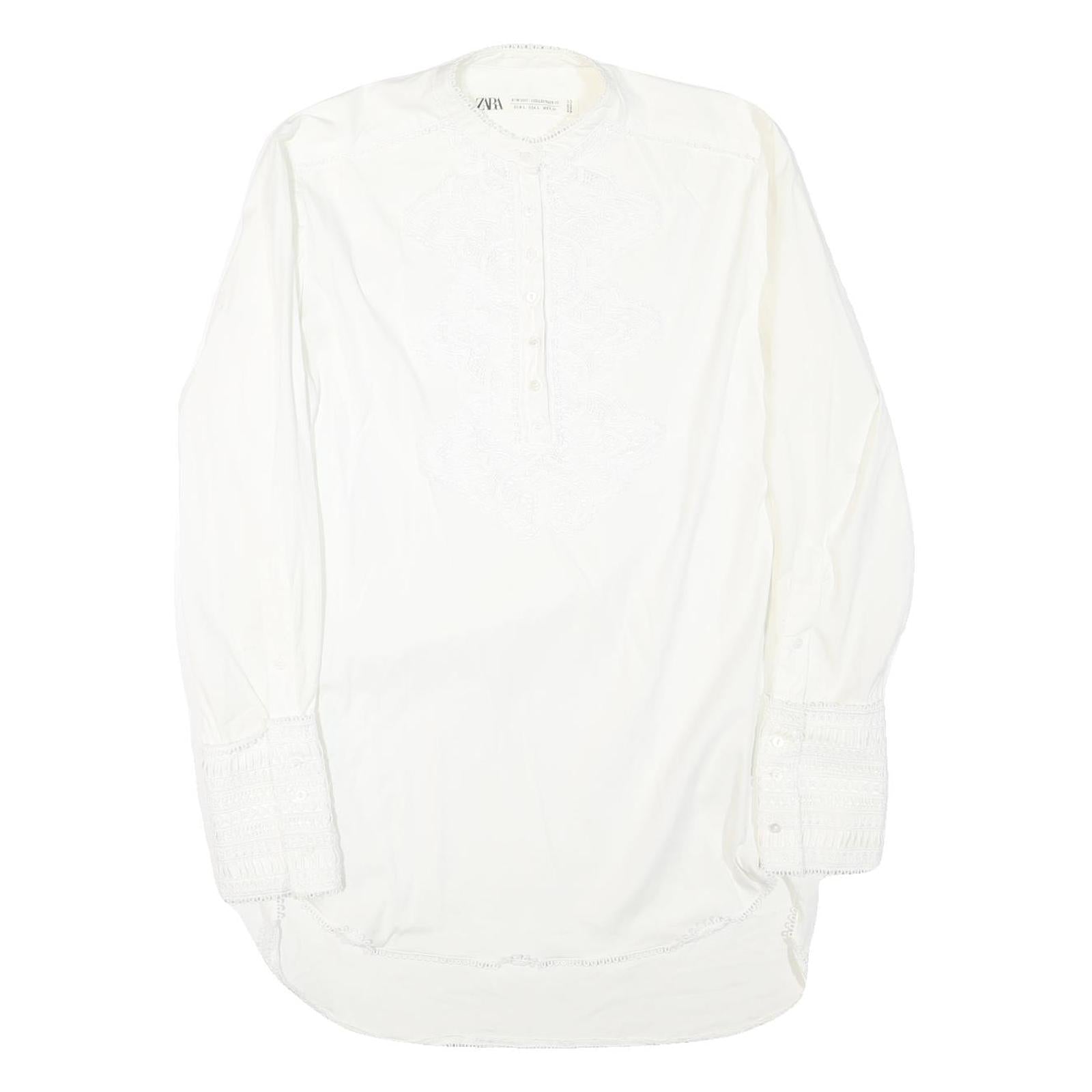 ZARA Womens White Basic Long Sleeve Round Neck Plain L Cotton Blend Top