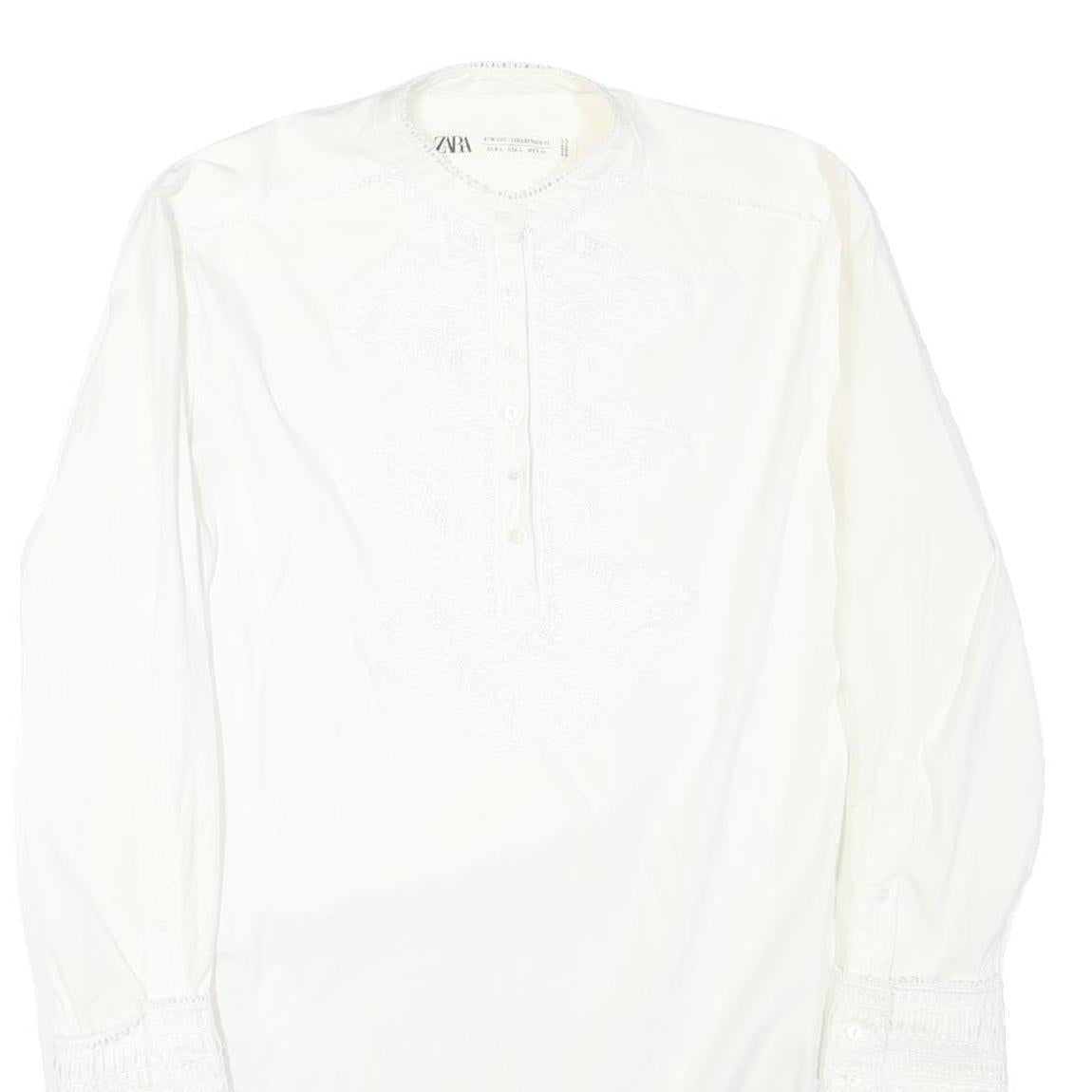 ZARA Womens White Basic Long Sleeve Round Neck Plain L Cotton Blend Top