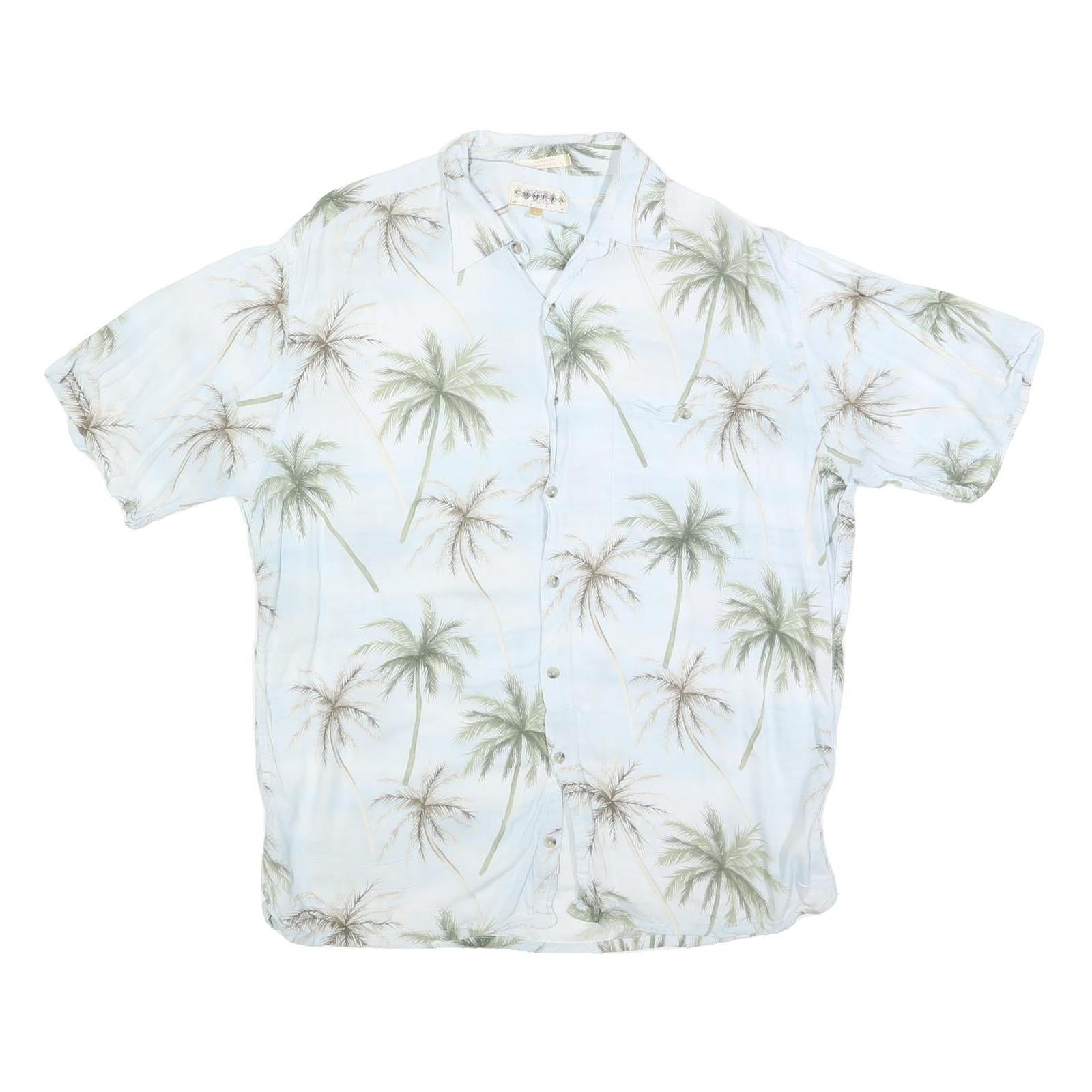 CAMPIA Mens Blue & Green Palm Tree Print Rayon Shirt L Summer Beach Casual