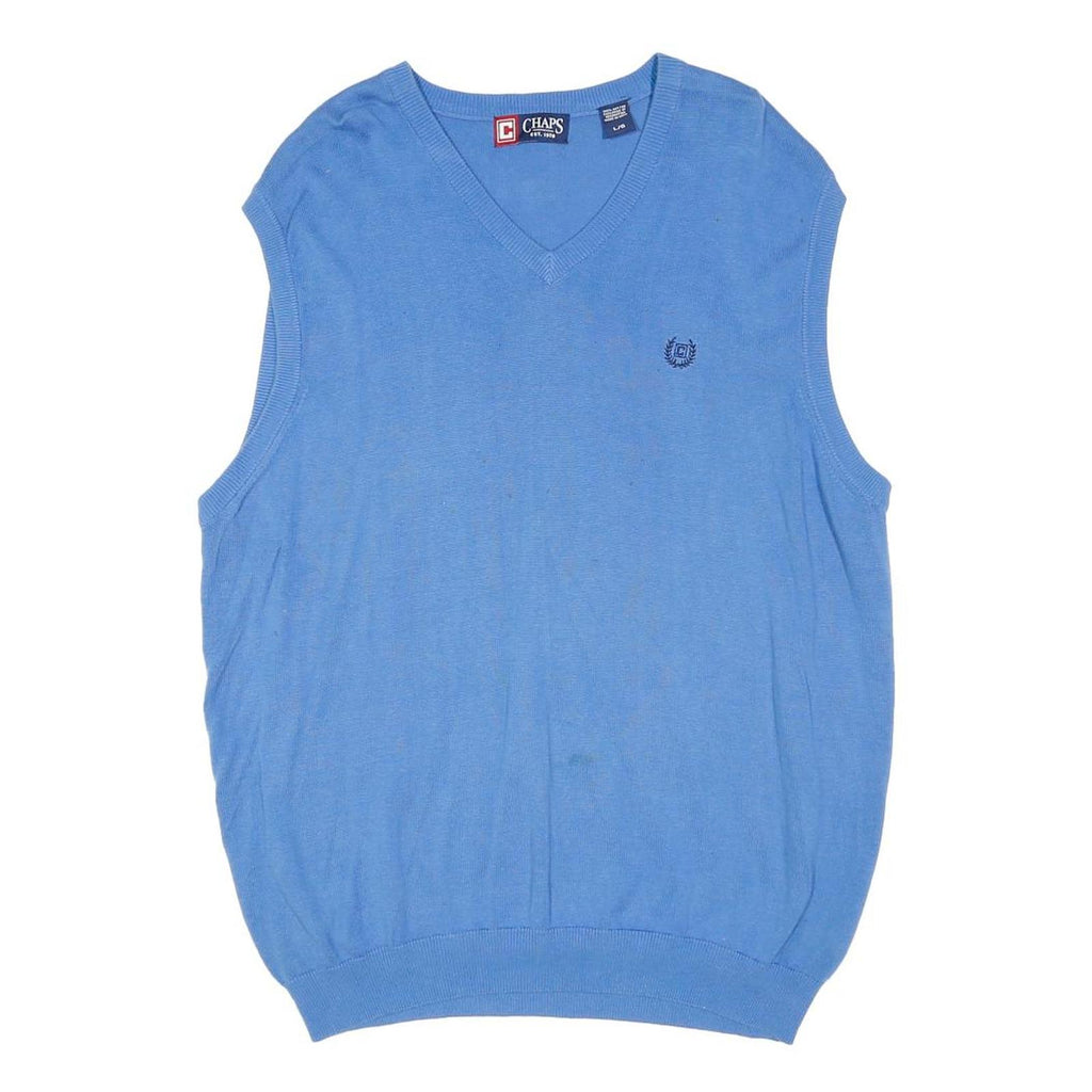 CHAPS Mens Blue Plain Pullover Jumper V-Neck Basic Knit L Sleeveless Cotton