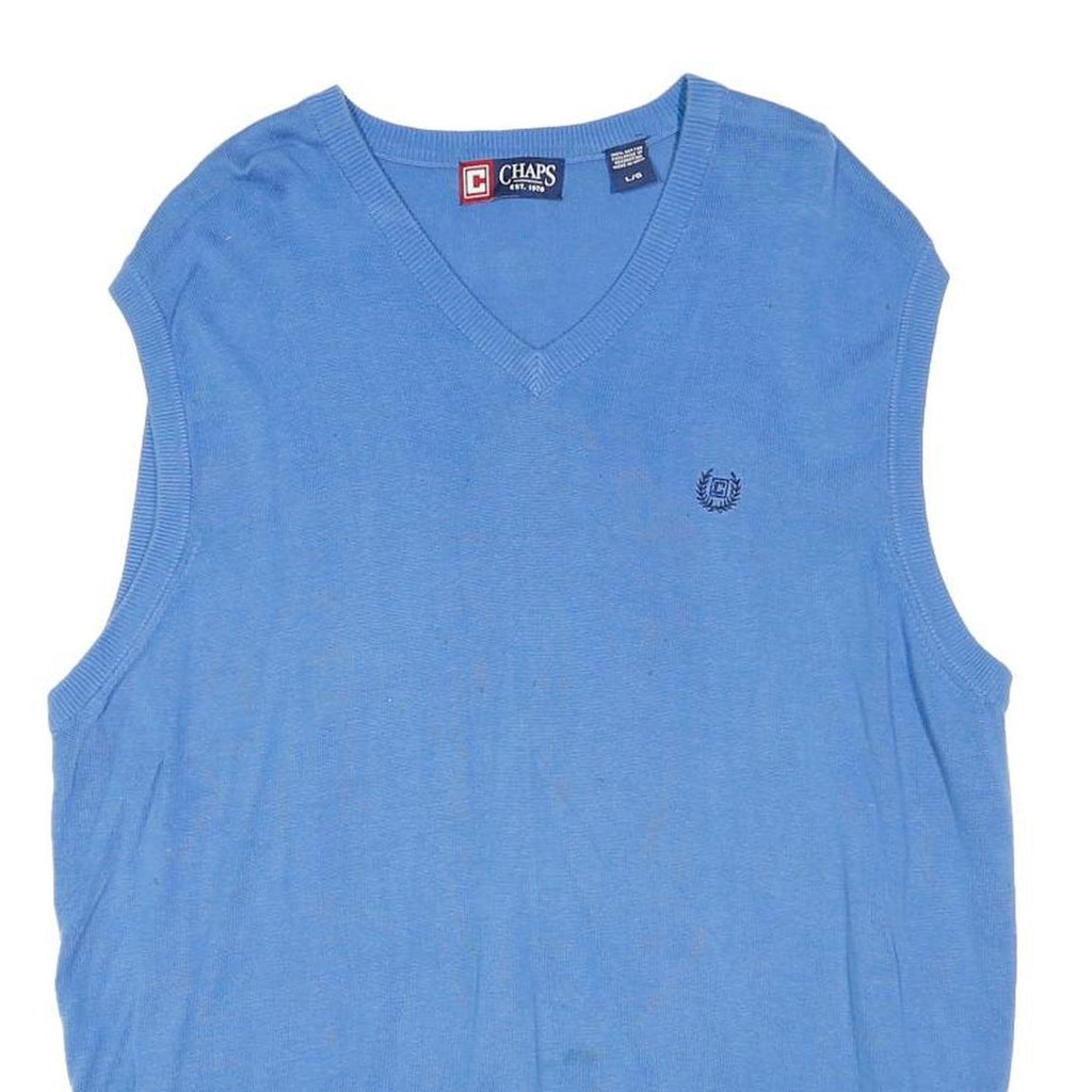 CHAPS Mens Blue Plain Pullover Jumper V-Neck Basic Knit L Sleeveless Cotton
