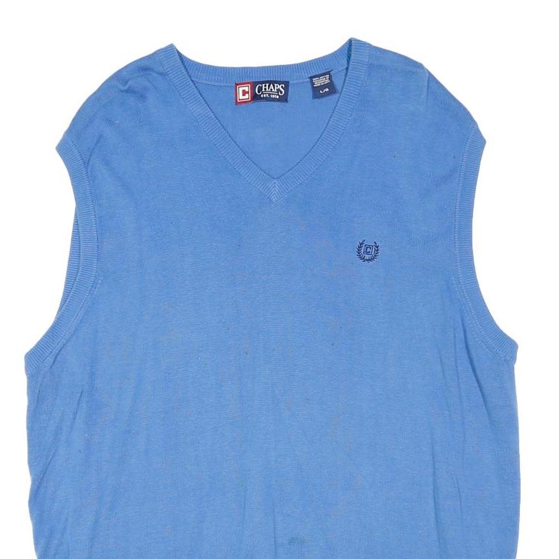 CHAPS Mens Blue Plain Pullover Jumper V-Neck Basic Knit L Sleeveless Cotton