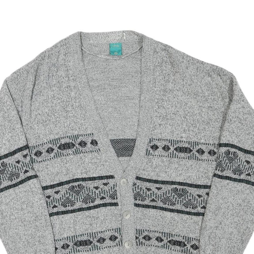 C&A Mens Grey Button Up Patterned V-Neck Wool Blend Jumper L Thick Knit