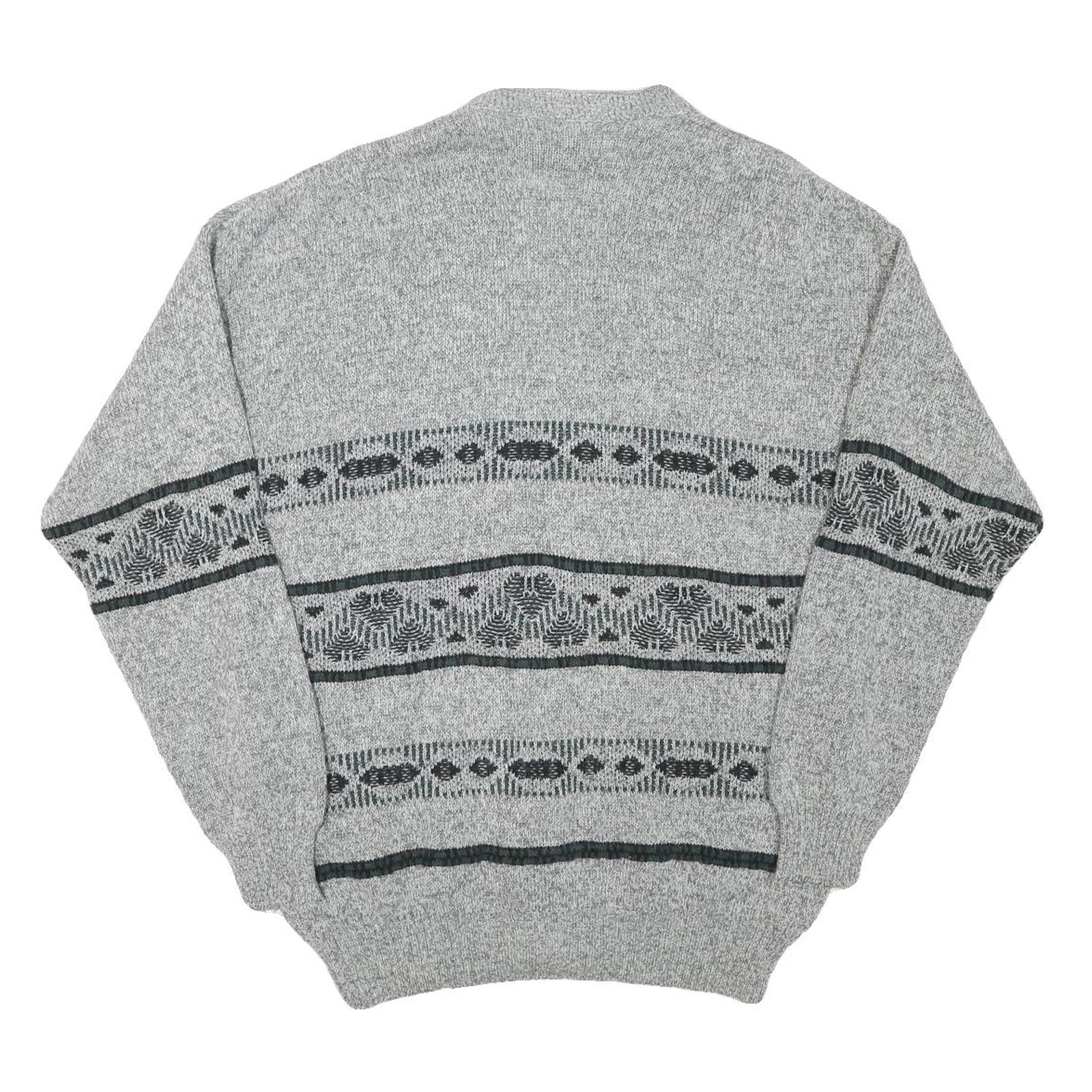 C&A Mens Grey Button Up Patterned V-Neck Wool Blend Jumper L Thick Knit