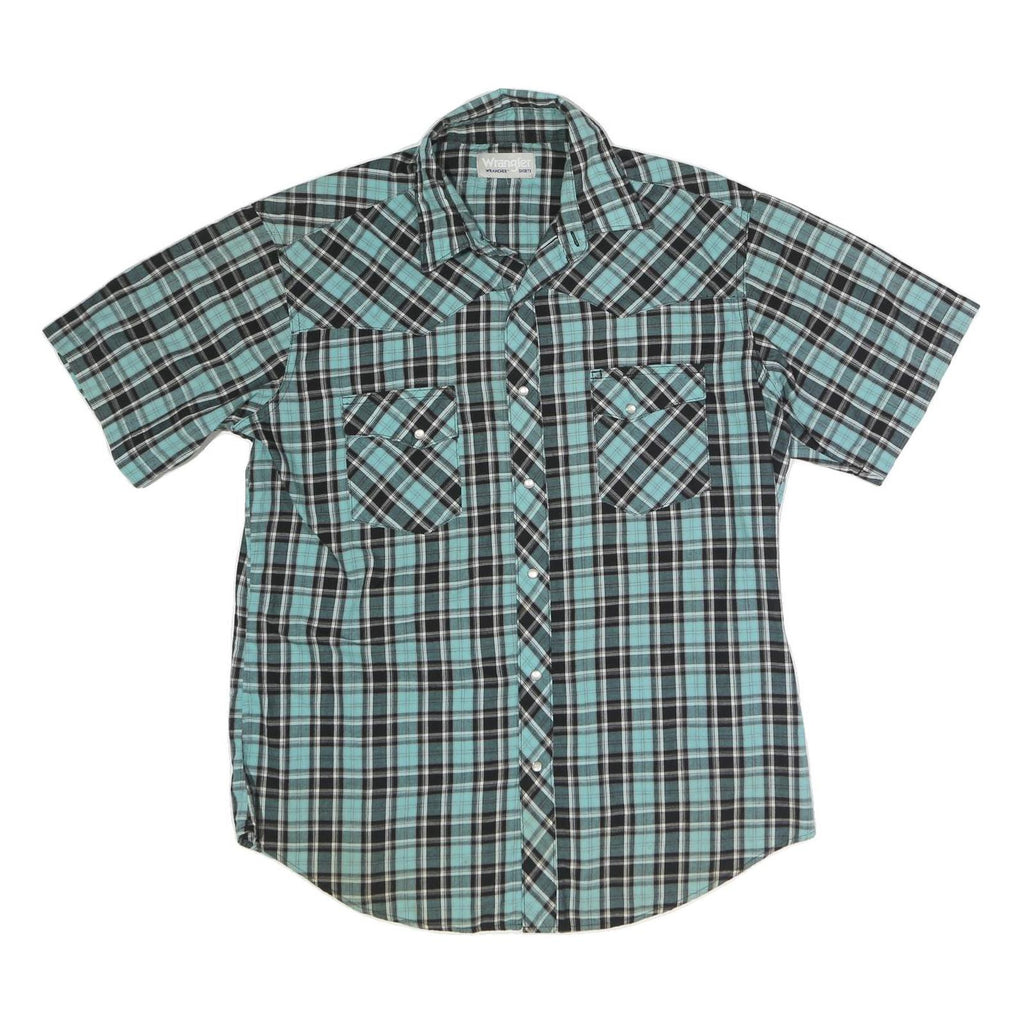 WRANGLER Mens Blue & Black Check Shirt M Cotton Blend Short Sleeve Button