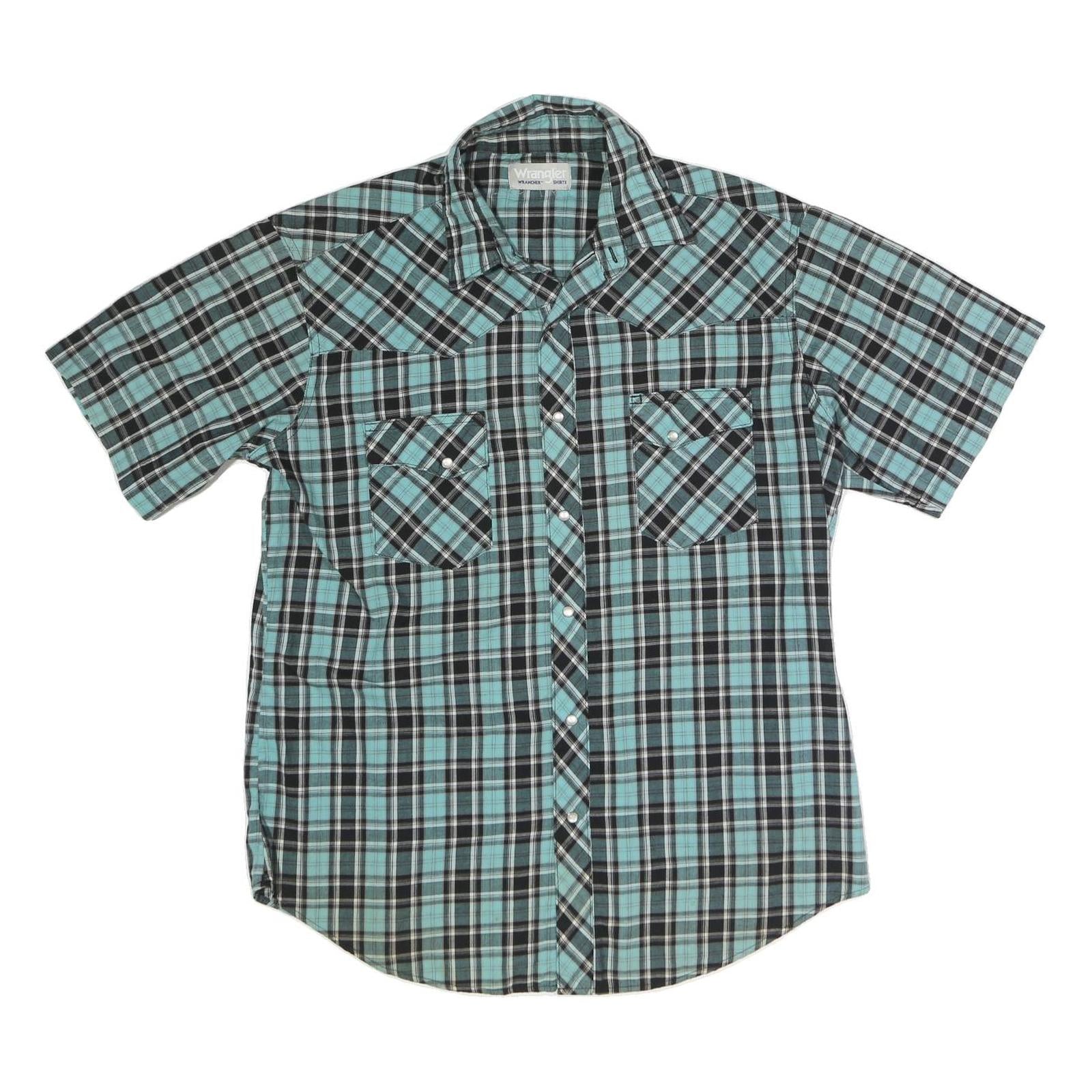 WRANGLER Mens Blue & Black Check Shirt M Cotton Blend Short Sleeve Button