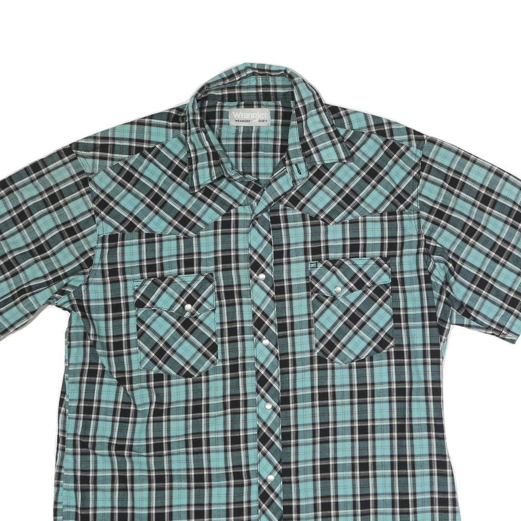 WRANGLER Mens Blue & Black Check Shirt M Cotton Blend Short Sleeve Button