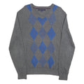 TOMMY HILFIGER Mens Grey & Blue Patterned V Neck Jumper Cable Knit M Cotton