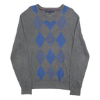 TOMMY HILFIGER Mens Grey & Blue Patterned V Neck Jumper Cable Knit M Cotton