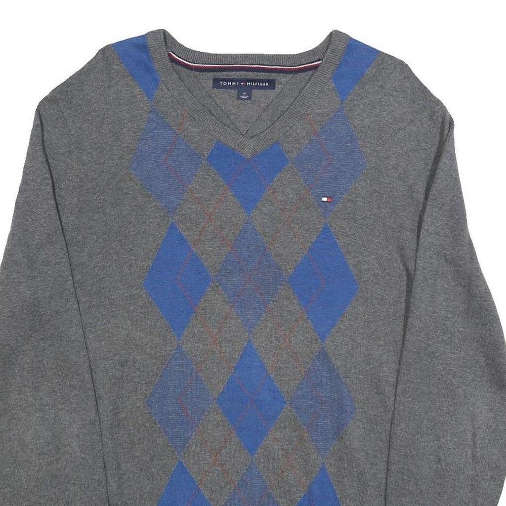 TOMMY HILFIGER Mens Grey & Blue Patterned V Neck Jumper Cable Knit M Cotton