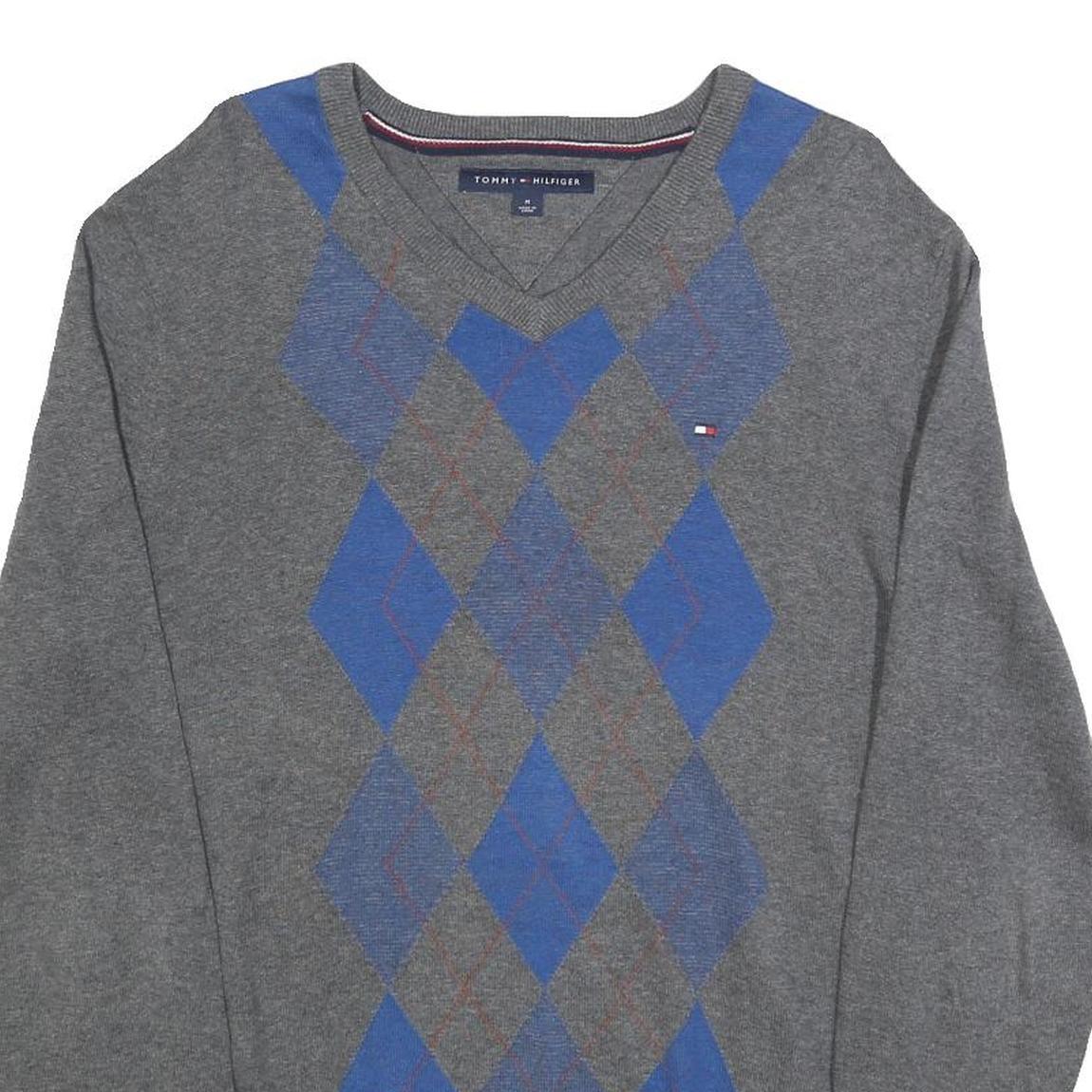 TOMMY HILFIGER Mens Grey & Blue Patterned V Neck Jumper Cable Knit M Cotton