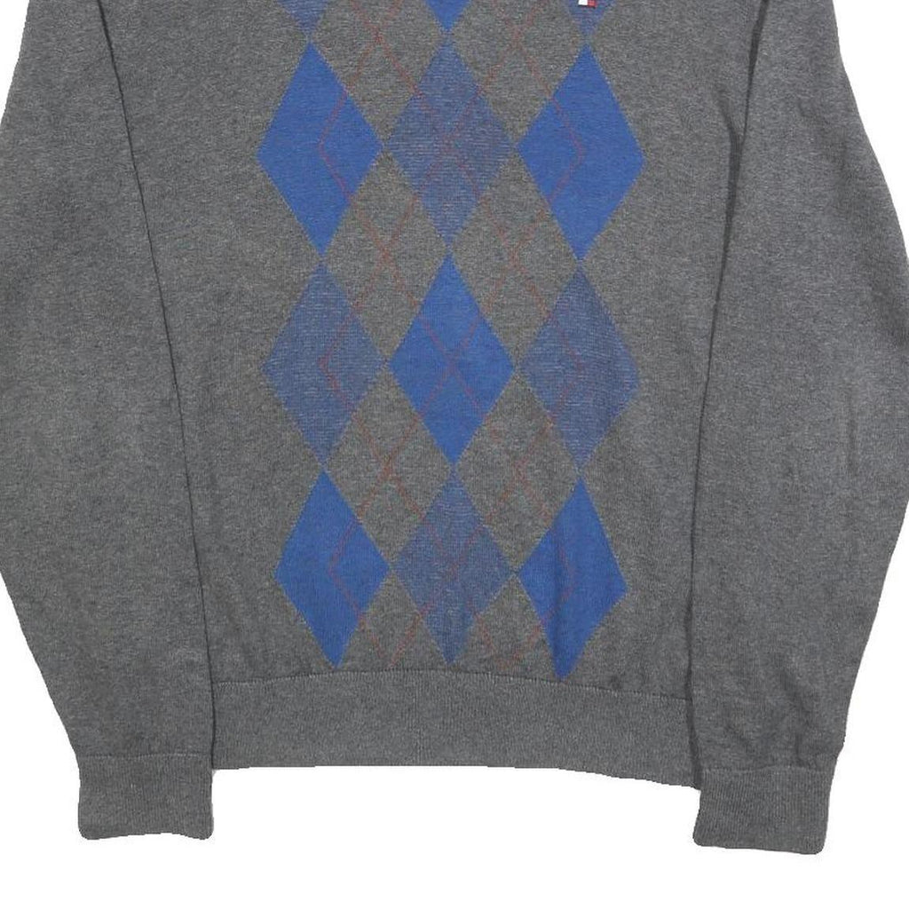 TOMMY HILFIGER Mens Grey & Blue Patterned V Neck Jumper Cable Knit M Cotton